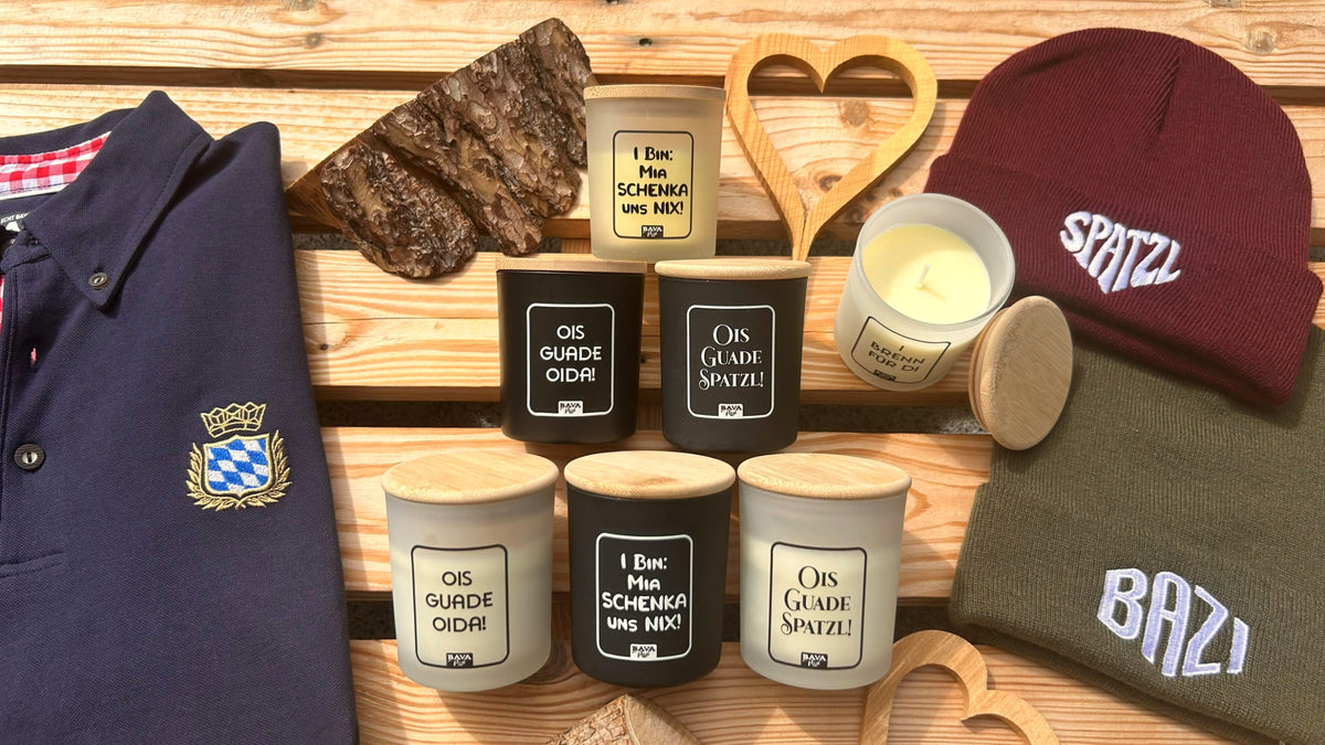 Bayerische Kerzen mit lustigen Sprüchen und Geburtstagsglückwünschen. Bayerische Duftkerzen im Glas als Geburtstags oder Weihnachtsgeschenk.Viele bayerische Accessoires von Bavarosi Fashion.