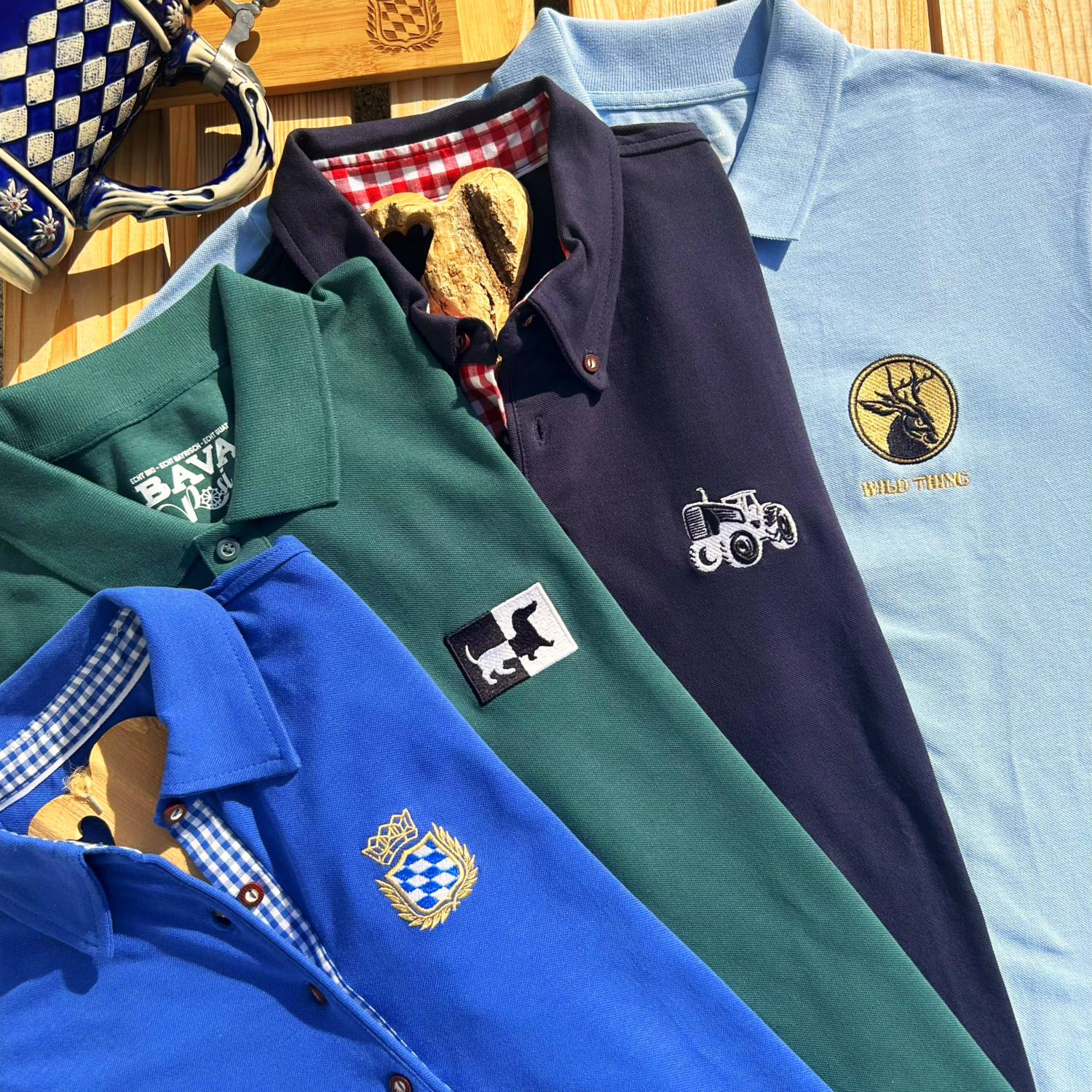 Bayerische Poloshirts traditionell bestickt von Bavarosi Fashion Dackel Shirt Traktor Shirt bayerisches Wappen und Wolpertinger Ideal für Volksfeste Oktoberfest Barthelmarkt und zur Tracht Lederhose