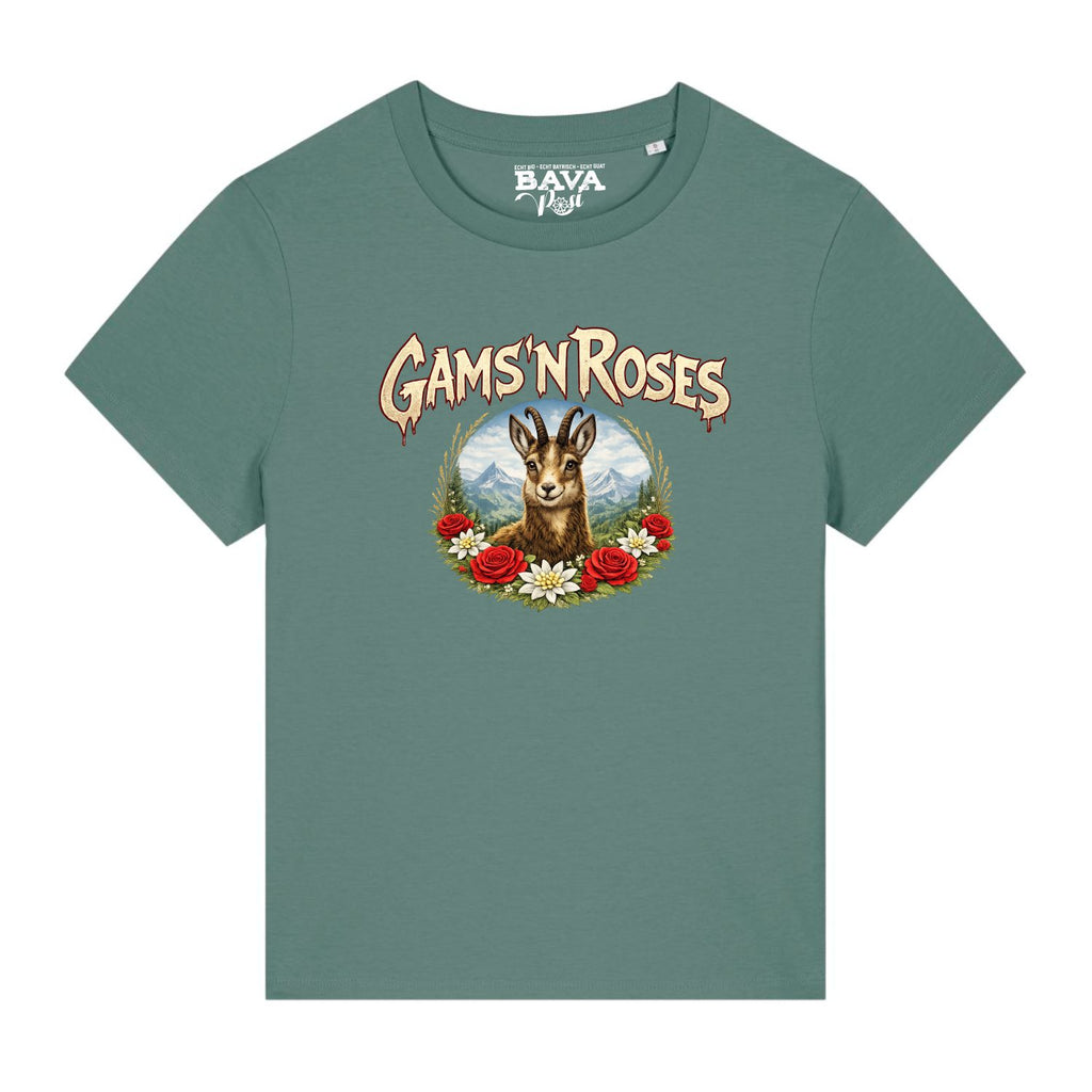 Gams n Roses Damen Shirt Guns n Roses BavaRosi Fashion Bayerische T-Shirts Lustig Strawanza München Buadep Augsburg Pfaffenhofen Geisenfeld Schrobenhausen Regensburg Ingolstadt Garmisch Passau Damenmode Shirts Shop