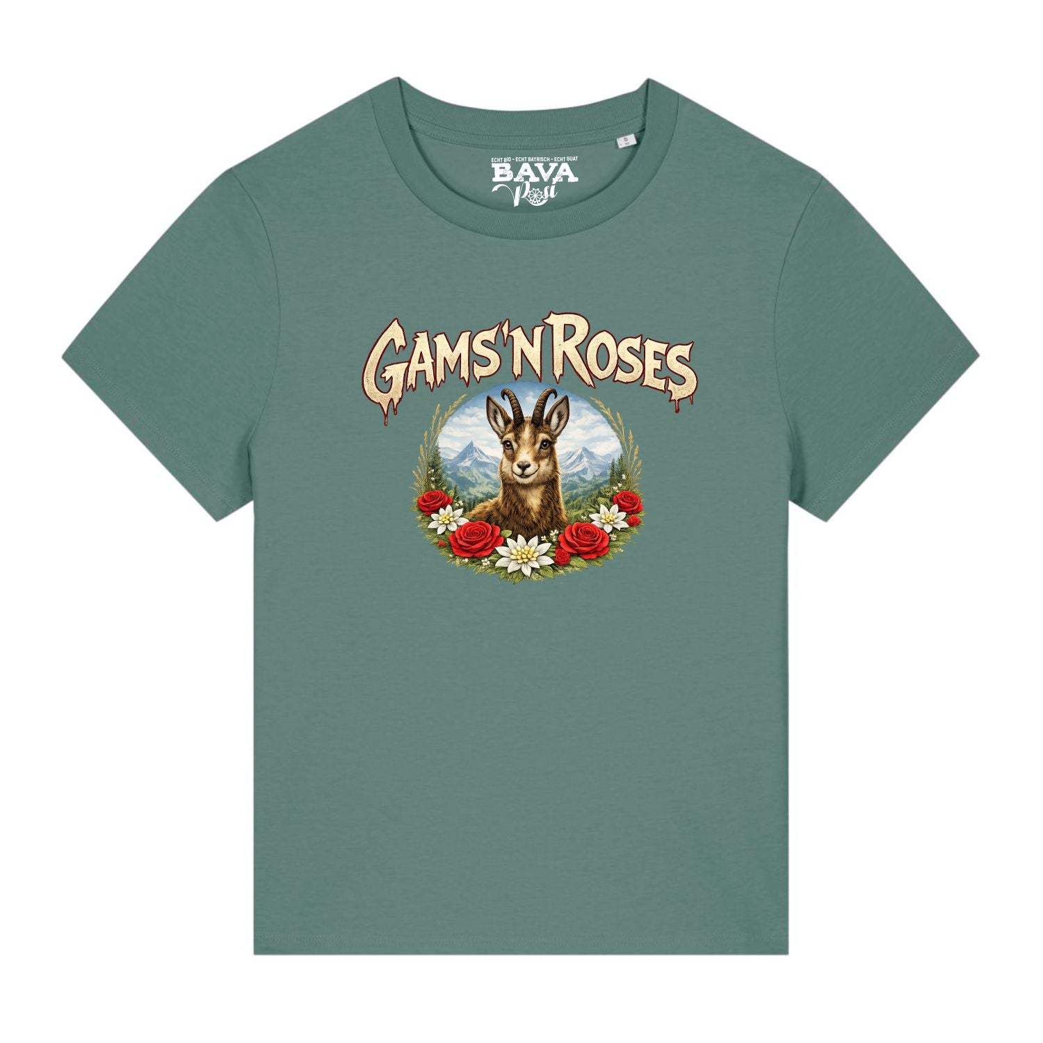 Gams n Roses Damen Shirt Guns n Roses BavaRosi Fashion Bayerische T-Shirts Lustig Strawanza München Buadep Augsburg Pfaffenhofen Geisenfeld Schrobenhausen Regensburg Ingolstadt Garmisch Passau Damenmode Shirts Shop