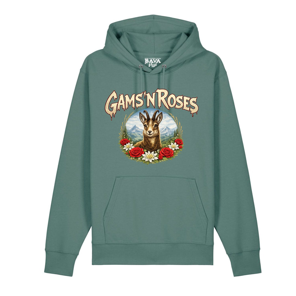 Gams n Roses Hoodie Guns n Roses BavaRosi Fashion Bayerische Hoodies Lustig Buadep Strawanza München Augsburg Pfaffenhofen Geisenfeld Schrobenhausen Regensburg Ingolstadt Garmisch Passau Mode Shirts Shop