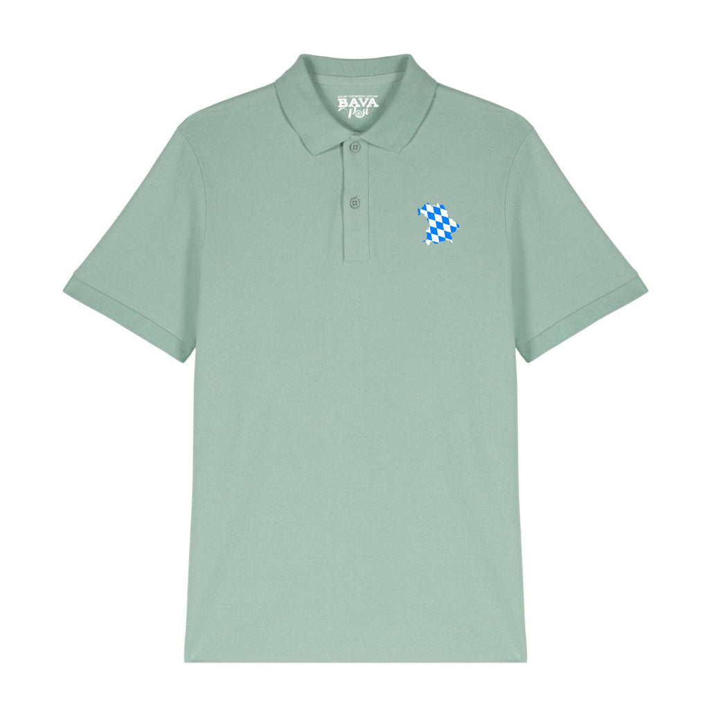 Bayerisches Poloshirt mit Bayernkarte bestickt weiß blau von BavaRosi Fashion Bayerische Poloshirts Tegernsee Starnberger See Ammersee Chiemsee München Regensburg Landshut Shop