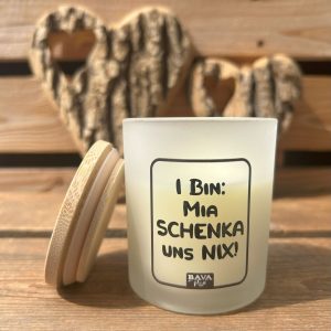 Mia schenka uns nix Kerze Spruchkerze Geburstag BavaRosi Fashion Bayerische Kerzen zum Geburtstag in München Tegernsee Füssen Garmisch Ingolstadt Passau Rosenheim Shop