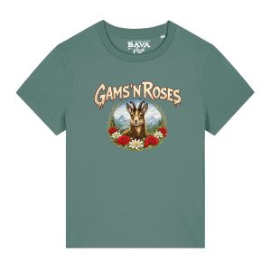 Gams n Roses Damen Shirt Guns n Roses BavaRosi Fashion Bayerische T-Shirts Lustig Strawanza München Buadep Augsburg Pfaffenhofen Geisenfeld Schrobenhausen Regensburg Ingolstadt Garmisch Passau Damenmode Shirts Shop
